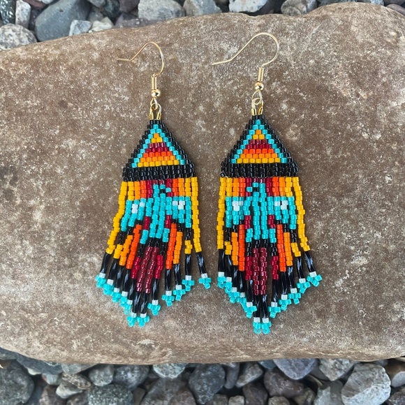 Native Thunderbirds Beaded Earrings with Fringe, New, Handmade by Me - Picture 2 of 6